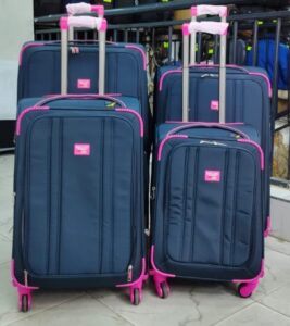 4-piece navy blue and pink softside luggage set with spinner wheels