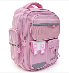 Pink school backpack with multiple compartments and side pockets