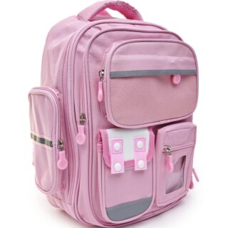 Pink school backpack with multiple compartments and side pockets