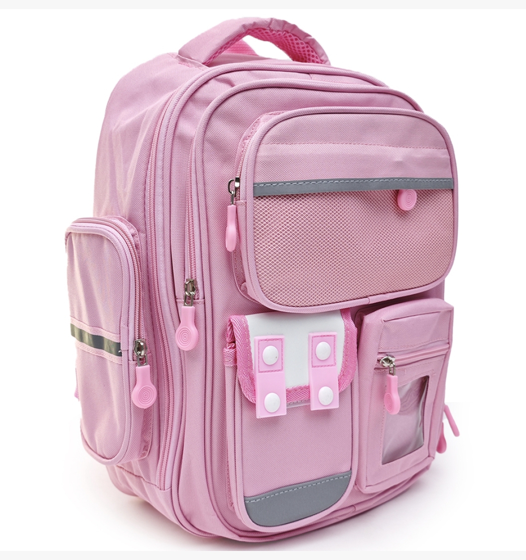 Pink school backpack with multiple compartments and side pockets