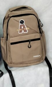 Beige backpack, multiple zipper compartments, and side pockets – ideal for school, travel, and daily use