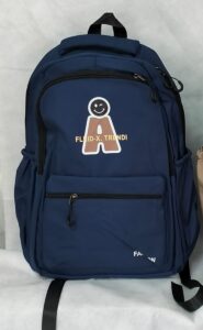 Navy blue backpack with multiple zipper compartments, and side pockets – ideal for school, travel, or daily use