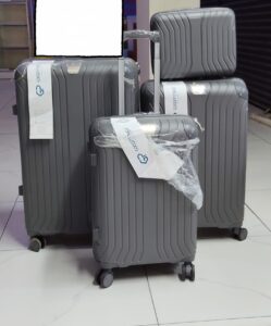 Set of 4 gray hard shell suitcases with spinner wheels, including carry-on and travel bag.
