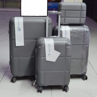 Set of 4 gray textured hard shell suitcases with spinner wheels, including carry-on and travel bag.