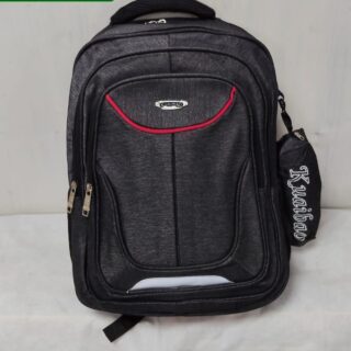 A black and gray-toned backpack with a sleek, modern design. and a small, detachable accessory pouch hangs from the side.