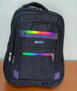 A black backpack with two vibrant, multicolored iridescent stripes on the front.