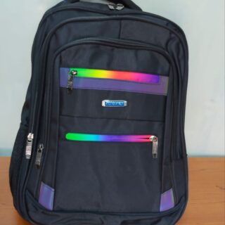 A black backpack with two vibrant, multicolored iridescent stripes on the front.