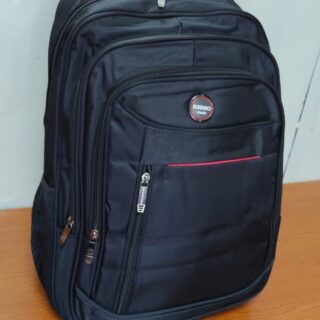 Black multi-compartment backpack with zippers, side pockets, and padded straps – perfect for school, laptop, work, and travel use