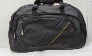 Black travel duffel bag with multicolor stripe design and front zipper pockets"
