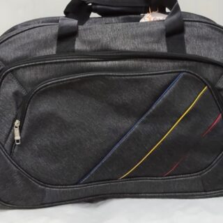 Black travel duffel bag with multicolor stripe design and front zipper pockets"