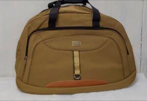 Brown travel duffel bag with front strap detail, dual handles, and zippered compartments