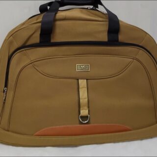 Brown travel duffel bag with front strap detail, dual handles, and zippered compartments