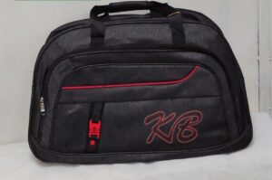 Black travel duffel bag with red accents and KB embroidery