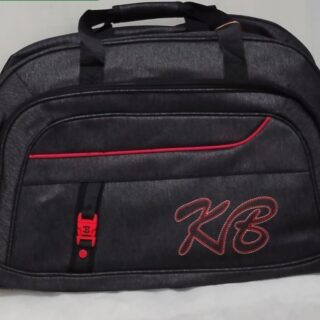 Black travel duffel bag with red accents and KB embroidery