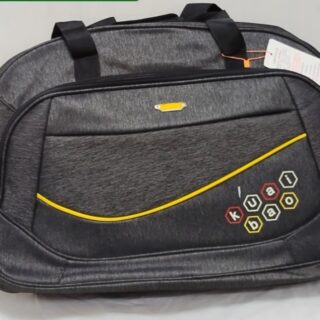 Black travel duffel bag with yellow accent line and Kuai Bao hexagon design