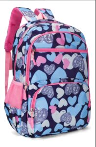 Colorful school backpack with pink, blue, and white heart prints and pink zippers