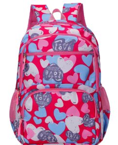 Pink school backpack with colorful heart prints and multiple compartments