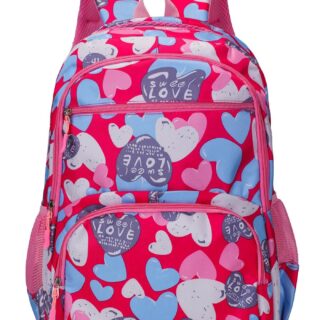 Pink school backpack with colorful heart prints and multiple compartments