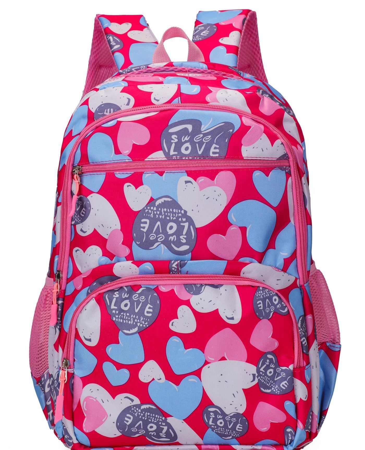 Pink school backpack with colorful heart prints and multiple compartments
