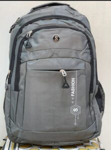 Gray travel backpack with multiple organizational pockets and mesh side panels