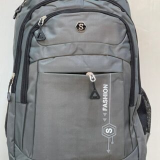 Gray travel backpack with multiple organizational pockets and mesh side panels