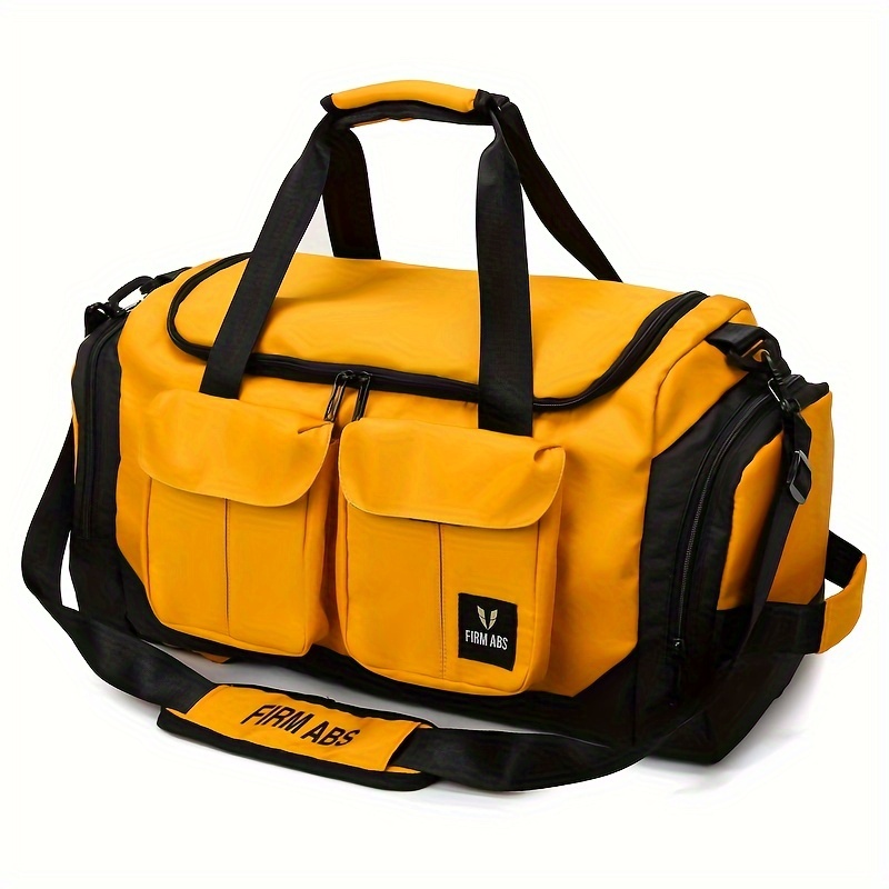 Yellow and black duffel bag with multiple front pockets, top handles, and adjustable shoulder strap – ideal for gym, travel, or sports use
