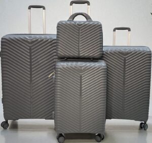 4-piece grey hard shell luggage set with chevron pattern, includes large suitcases, carry-on, and travel bag