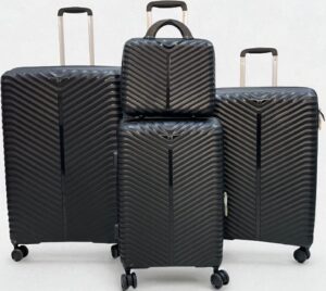 4-piece black hard shell luggage set with chevron pattern, includes large suitcases, carry-on, and travel bag