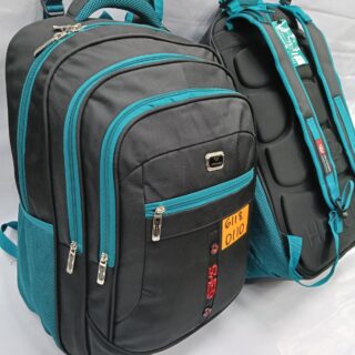 Black and teal backpacks with multiple zippered compartments and padded backs
