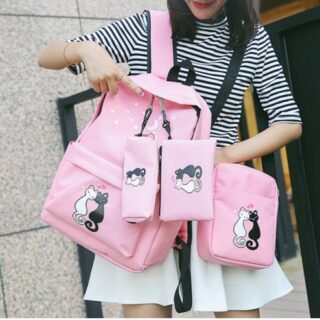 Pink backpack set with cute black and white cat couple design — includes school bag, lunch bag, and pencil pouch.