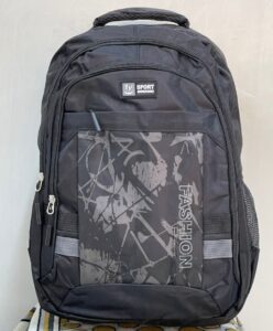 Black urban fashion backpack with multi-pocket design and abstract front pattern.