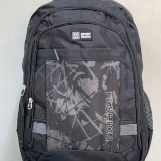 Black urban fashion backpack with multi-pocket design and abstract front pattern.